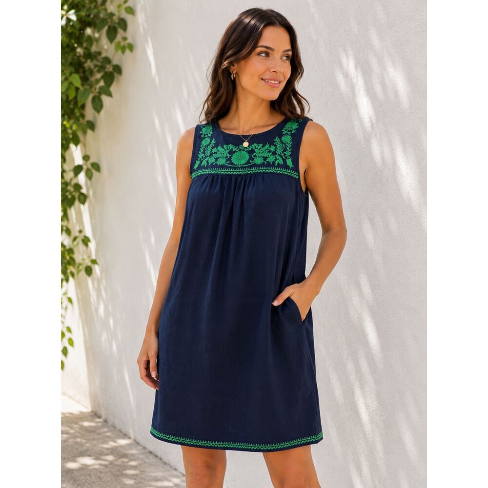 J.Crew Navy Green Floral Embroidered Linen Blend Shift Dress L